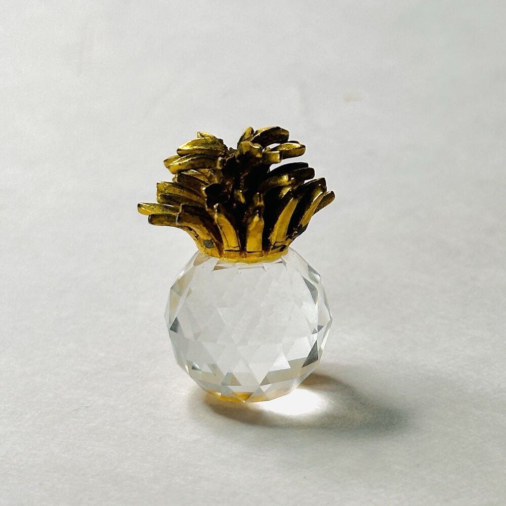 Vintage Swarovski 1" Miniature Mini Crystal Glass Pineapple Gold Metal Leaves